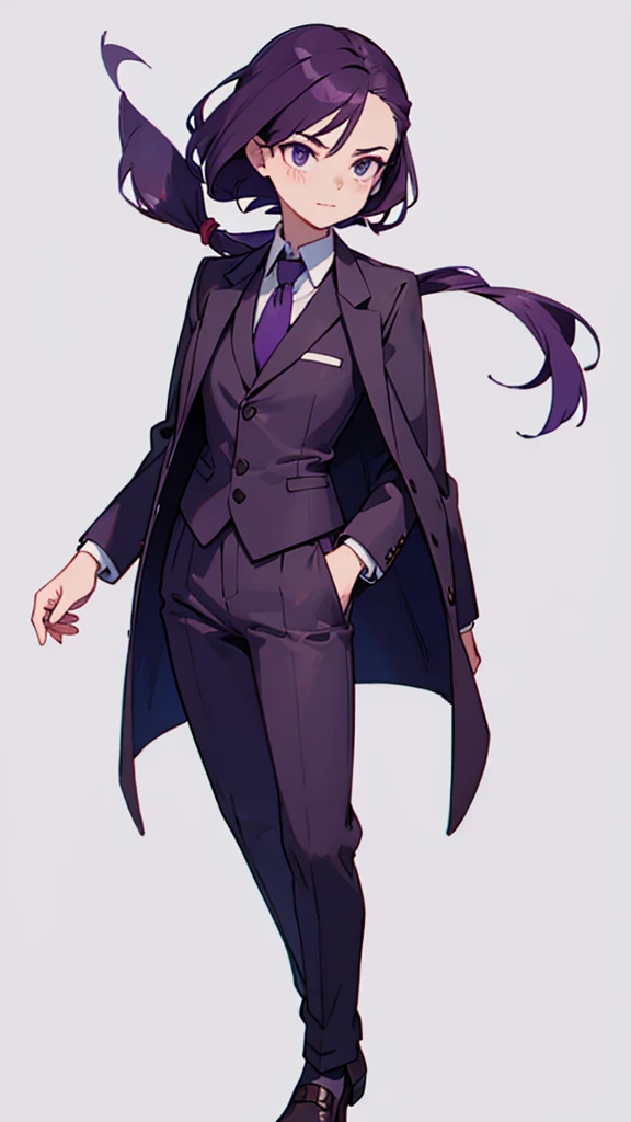 1.Cross-dressing girl,suit,Hair style slicked back,Dark purple hair,Leather shoes,whole body,White background,濃い紫のsuit,濃い紫のsuitズボン,Photographer,Single-lens reflex camera,Cool standing figure,Purple tie,A faint smile on his face