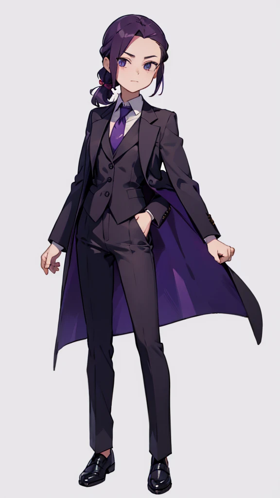 1.Cross-dressing girl,suit,Hair style slicked back,Dark purple hair,Leather shoes,whole body,White background,濃い紫のsuit,濃い紫のsuitズボン,Photographer,Single-lens reflex camera,Cool standing figure,Purple tie,A faint smile on his face