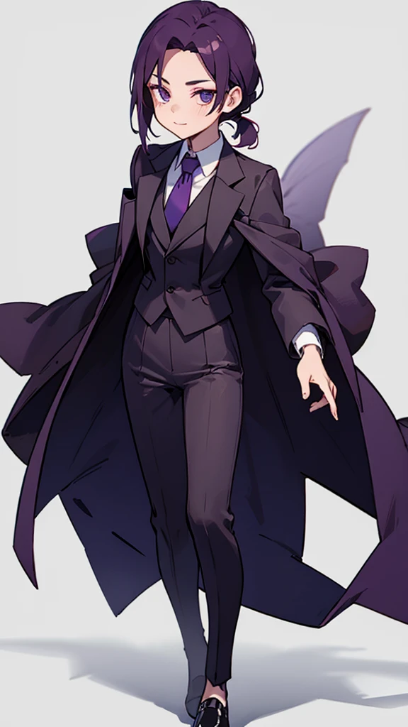 1.Cross-dressing girl,suit,Hair style slicked back,Dark purple hair,Leather shoes,whole body,White background,濃い紫のsuit,濃い紫のsuitズボン,Photographer,Single-lens reflex camera,Cool standing figure,Purple tie,A faint smile on his face