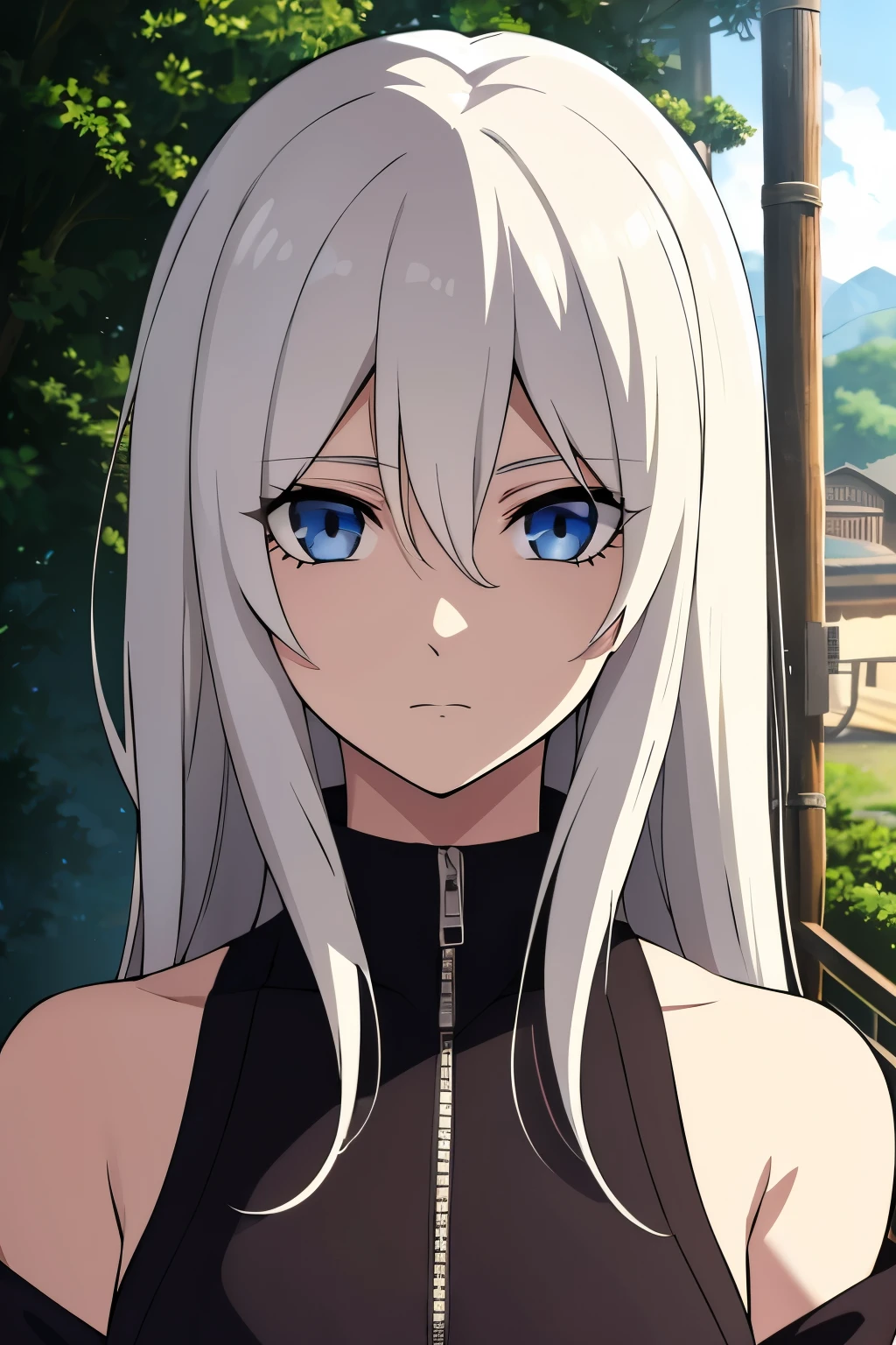 (high-quality, breathtaking),(expressive eyes, perfect face) portrait, Symmetrical Eyes, 1girl, solo, white hair, white coloured eyes, anime naruto art style, medium length hair, fluffy hair, feminine face, sky, sun, konohavillage, alleyway, naruto background, trees, hyuga, Ōtsutsuki, naruto ninja attire, neutral expression, soft smile, purple and black clothing, white trim, long sleeves, white dress, hair between eyes, bare shoulders, jacket
