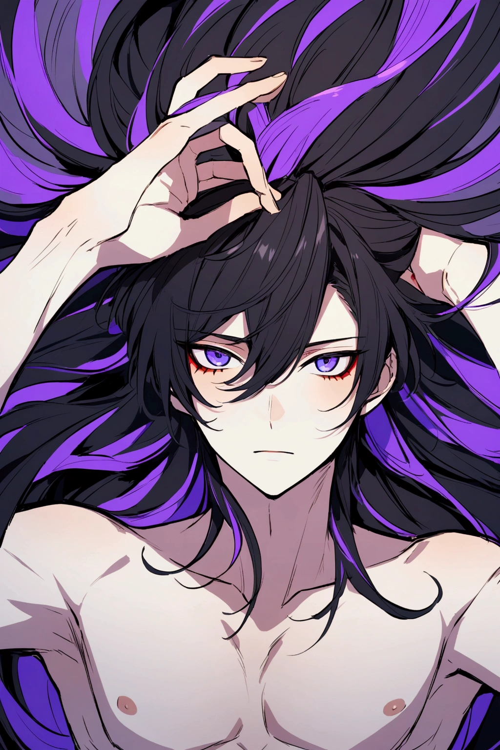 A stunning animie male with Black hair. His eyes are practically covered with his hair. His eyes are two diffrent colors, one blue, one purple. Shirtless