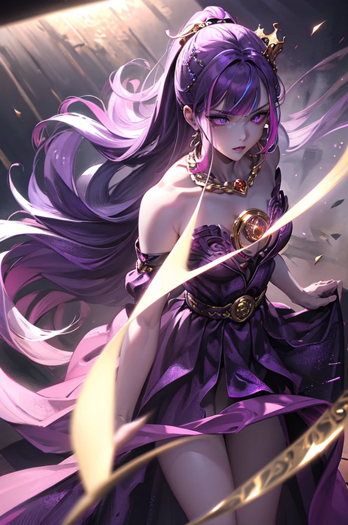 Vampire Queen Combat Dress (Radiant Royal Cloak: 1.2) Black and Purple Color, (extremely delicate beautiful eyes and depression but arrogant eyes), (multicolor, ponytail, iridescent hair, colorful hair, half purple and half pink hair: 1.3), (magical, mythic,fantasy), (Super Model Body Shape, idol, seducing body, attractive, gorgeous, charming, majesty, Sexy Devil aura), Original Character, Masterpiece, Tempting Purple Eyes, Purple Gemstone Accessories, Gold Belt, Gold Necklace, Wind Evil and body floating effect, Soft Moonlight, unique crown,16k wallpaper style,bare shoulders, cute, solo, stars, stardust, shiny body detailed, killing scenario, legend, horny blush, pink lips, cinematic lighting, full body close-up, scale up, twilight, dark magic, dark element, villain, obedient, battle form