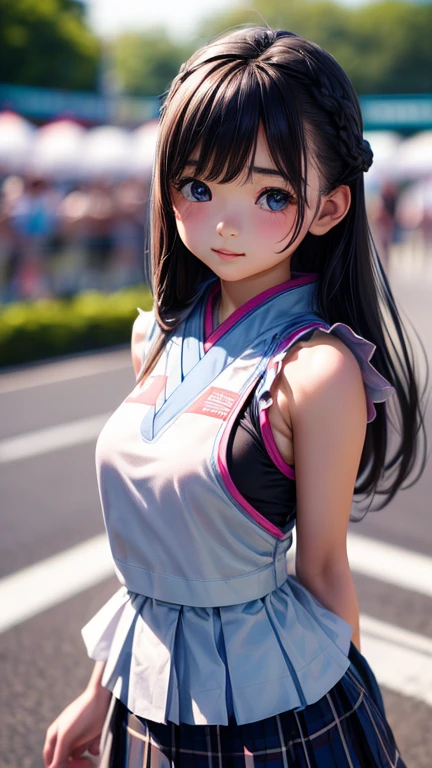 8K、cute、Adult Girl、detailed、Braid your hair in an intricate way、Looking into the camera、((SFW: 1.4)),((detailedな顔, Professional photography)), ((SFW, Race Queen, Grid Girls, skirt, Sleeveless, 1 Girl)), Ultra-high resolution, (Realistic: 1.4), RAW Photos, Highest quality, (PhotoRealistic Stick), concentrate, Soft Light, ((20-year-old)), ((Japanese)), (( (Young Face))), (surface), (Written boundary depth), masterpiece, (Realistic), woman, bangs, ((1 Girl))
