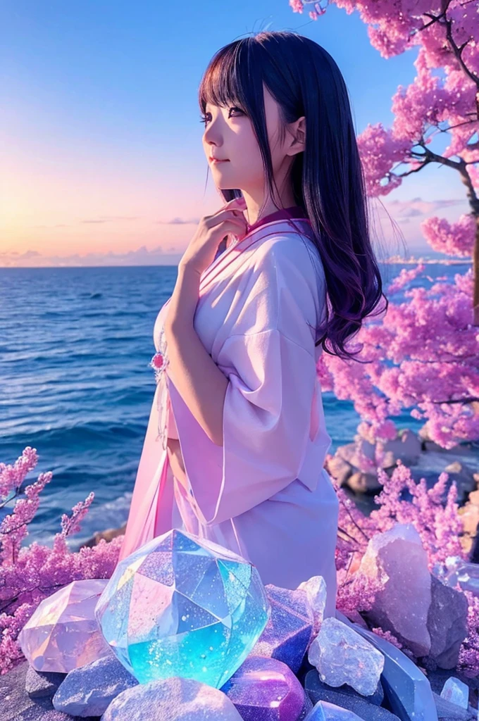 A beautiful Japanese girl character living in a crystal world。The background is a fantastic pink and blue gradient sky.、Crystal sparkling sea。The character's thin clothing、It has a crystal-like transparency、Shine in the light。Her long hair spreads out softly like flowing water.、The crystal decorations are a beautiful accent.。The pose is graceful、Standing confidently。As an illustration technique、The contrast of light and shadow is skillfully depicted.、The unity between the characters and the background is emphasized.。The composition is neat and vertical.、The overall result is a super-realistic, live-action-like finish.。