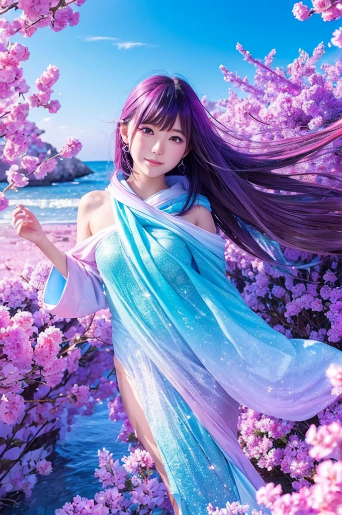 A beautiful Japanese girl character living in a crystal world。The background is a fantastic pink and blue gradient sky.、Crystal sparkling sea。The character&#39;s thin clothing、It has a crystal-like transparency、Shine in the light。Her long hair spreads out softly like flowing water.、The crystal decorations are a beautiful accent.。The pose is graceful、Standing confidently。As an illustration technique、The contrast of light and shadow is skillfully depicted.、The unity between the characters and the background is emphasized.。The composition is neat and vertical.、The overall result is a super-realistic, live-action-like finish.。