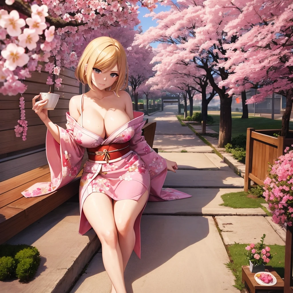 Your influencer character(sexy milf boobs) with short blonde hair dressed in a Japanese Kimono sitting under a cherry blossom tree enjoying herself with the cherry blossom flowers having a picnic with her friends cute and lovely expression bright coloring pink theme posture 