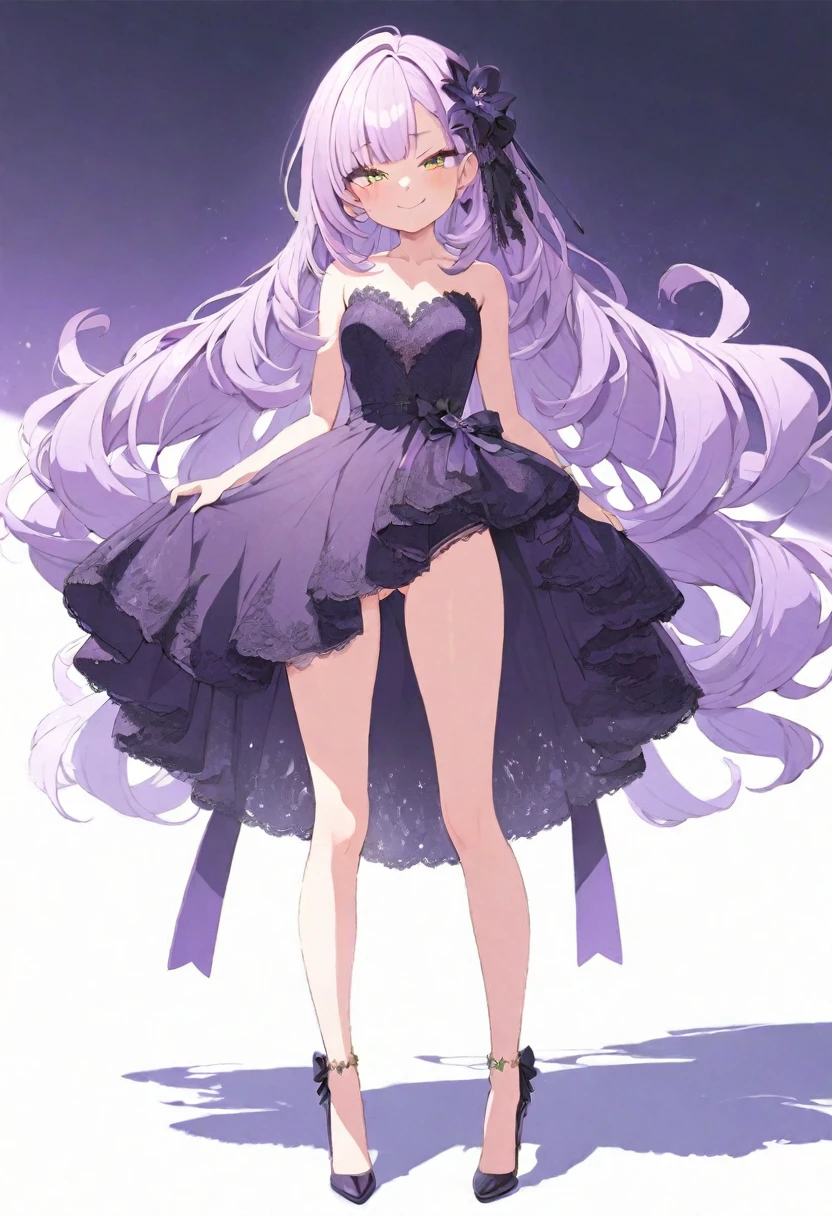 (masterpiece), (best quality), perfect face, beautiful girl, white background background, delicate and beautiful face and eyes, dark intense shadow, 
1 girl, vtuber style, cool girl, hololive, Murasaki Shion, purple evening dress, lace dress, , cropped shoulders, clavicle, winking, smile, body visible through clothes, chest visible through clothes, ass visible through thighs, High heel, (full body), looking at viewer, standing, 