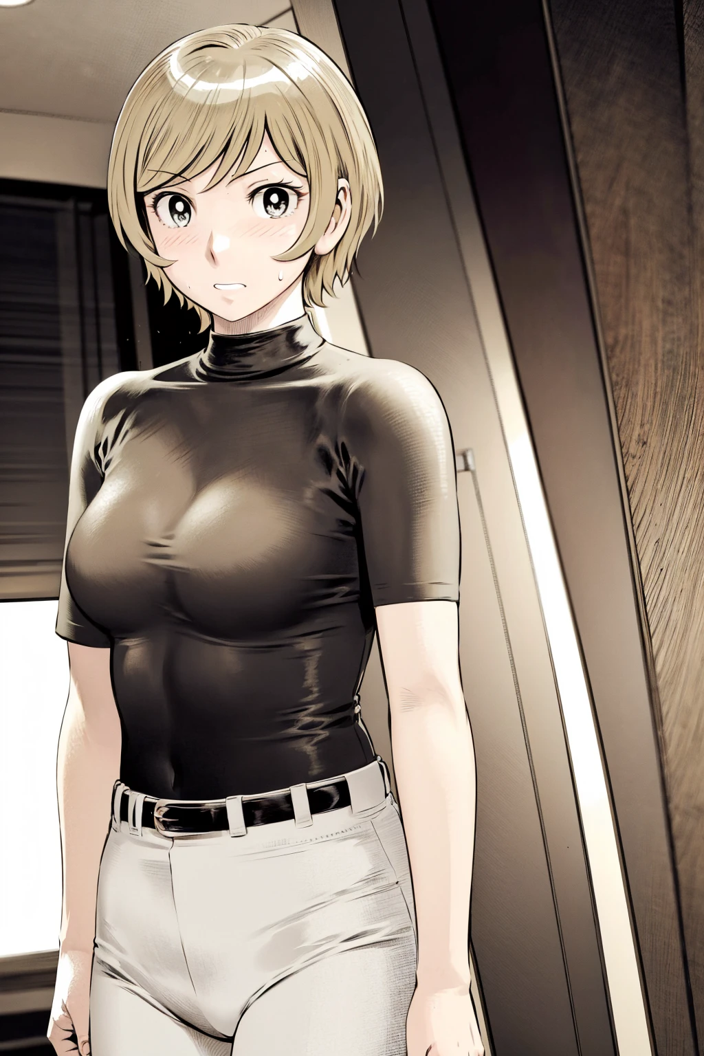 、(masterpiece、Highest quality)、Highest quality, Ultra-high resolution, (((masterpiece))), alone, Sweat、Big eyes,Tight black shirt、Tight white pants、belt、indoor、Composition from the front、（Cut the back hair short、short hair、blonde、woman）、Shortcuts、Embarrassed face、Cut your hair short、可愛いwomanの子、Big Breasts、office