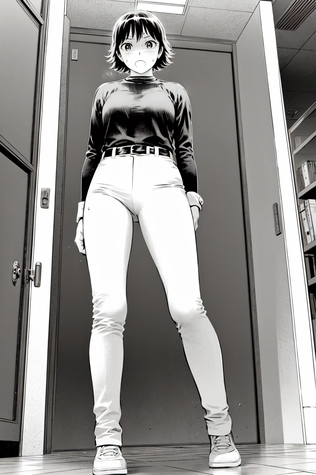 、(masterpiece、Highest quality)、Highest quality, Ultra-high resolution, (((masterpiece))), alone, Sweat、Big eyes,Tight black shirt、Tight white pants、belt、indoor、Composition from the front、(Cut the back hair short、short hair、blonde、woman)、Shortcuts、Embarrassed face、Cut your hair short、可愛いwomanの子、Big Breasts、office
