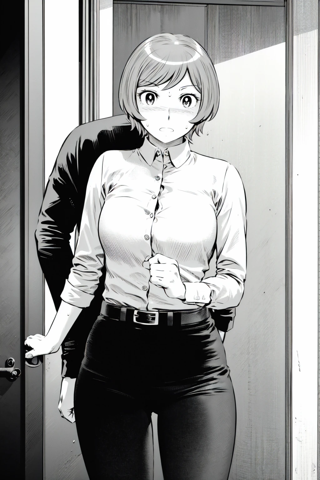 、(masterpiece、Highest quality)、Highest quality, Ultra-high resolution, (((masterpiece))), alone, Sweat、Big eyes,Tight black shirt、Tight white pants、belt、indoor、Composition from the front、(Cut the back hair short、short hair、blonde、woman)、Shortcuts、Embarrassed face、Cut your hair short、可愛いwomanの子、Big Breasts、office