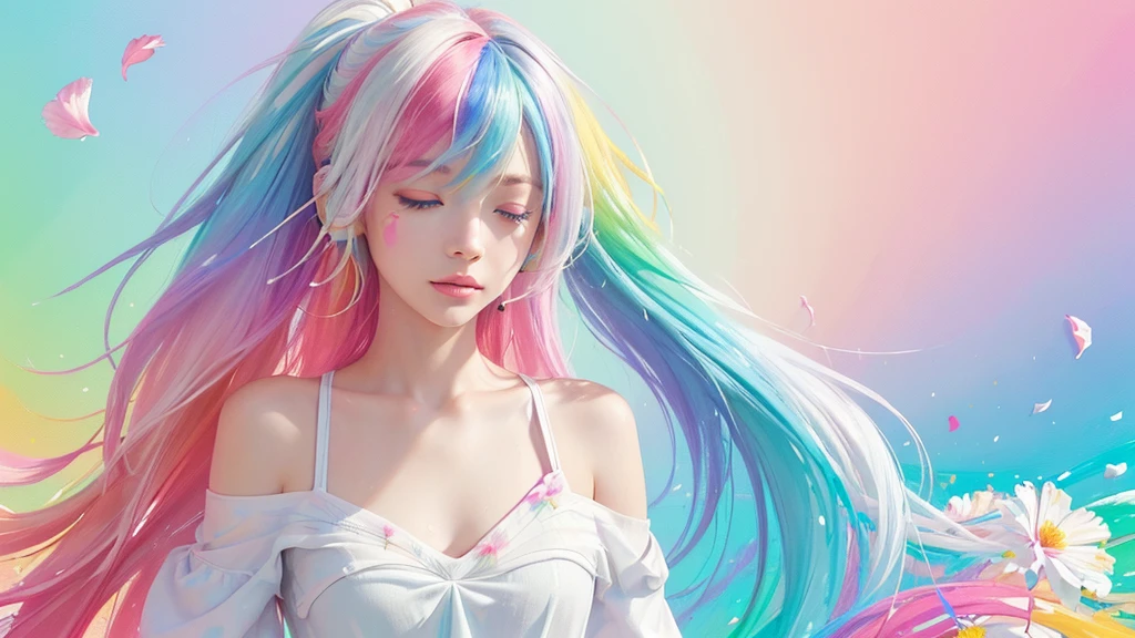 （Pink Fashion T-shirt：1.9），(Colorful hair: 1.8), (all the colours of the rainbow: 1.8),(((((vertical painting：1.6))), （painting：1.6），front, comics, illustrations, paintings, large eyes, crystal clear eyes,（ rainbow color gradient high ponytail：1.7）, exquisite makeup, closed mouth,(Small Fresh: 1.5),(Wipe Chest: 1.6) ，long eyelashes, white off shoulder T-shirt,  White Shoulder Shirt，looking at the audience, large watery eyes, (rainbow colored hair：1.6), color splash, （solo：1.8）, color splash, color explosion, thick paint style, messy lines, ((shining))，(colorful), (colorful), (colorful), colorful, Thick Paint Style, (Splash) (Color Splash), Vertical Painting, Upper Body, Paint Splash, Acrylic Pigment, Gradient, Paint, Highest Image Quality, Highest Quality, Masterpiece, Solo, Depth of Field, Face Paint,  colorful clothes, (Elegant: 1.2), gorgeous,long hair, wind, (Elegant: 1.3), (Petals: 1.4)，(((masterpiece))),(((best quality))),((ultra-detailed)),(illustration),(dynamic angle),((floating)),(paint),((disheveled hair)),(solo),(1girl) , (((detailed anima face))),((beautiful detailed face)),collar,bare shoulders,white hair, ((colorful hair)),((streaked hair)),beautiful detailed eyes,(Gradient color eyes),(((colorful eyes))),(((colorful background))),(((high saturation))),(((surrounded by colorful splashes))),all bodies, same colored back  grounds, Make the background bigger than the face, Mainly in the background, the face is small, I want the person to be on the right or left, Closed eyes while listening to music, wearing big headphones, Musical notes and music marks on the background
