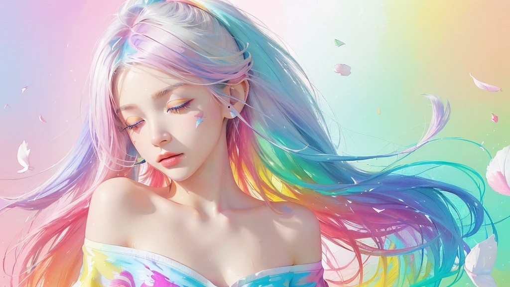 (Pink Fashion T-shirt:1.9),(Colorful hair: 1.8), (all the colours of the rainbow: 1.8),(((((vertical painting:1.6))), (painting:1.6),front, comics, illustrations, paintings, large eyes, crystal clear eyes,( rainbow color gradient high ponytail:1.7), exquisite makeup, closed mouth,(Small Fresh: 1.5),(Wipe Chest: 1.6) ,long eyelashes, white off shoulder T-shirt, White Shoulder Shirt,looking at the audience, large watery eyes, (rainbow colored hair:1.6), color splash, (solo:1.8), color splash, color explosion, thick paint style, messy lines, ((shining)),(colorful), (colorful), (colorful), colorful, Thick Paint Style, (Splash) (Color Splash), Vertical Painting, Upper Body, Paint Splash, Acrylic Pigment, Gradient, Paint, Highest Image Quality, Highest Quality, Masterpiece, Solo, Depth of Field, Face Paint, colorful clothes, (Elegant: 1.2), gorgeous,long hair, wind, (Elegant: 1.3), (Petals: 1.4),(((masterpiece))),(((best quality))),((ultra-detailed)),(illustration),(dynamic angle),((floating)),(paint),((disheveled hair)),(solo),(1girl) , (((detailed anima face))),((beautiful detailed face)),collar,bare shoulders,white hair, ((colorful hair)),((streaked hair)),beautiful detailed eyes,(Gradient color eyes),(((colorful eyes))),(((colorful background))),(((high saturation))),(((surrounded by colorful splashes))),all bodies, same colored back grounds, Make the background bigger than the face, Mainly in the background, the face is small, I want the person to be on the right or left, Closed eyes while listening to music, wearing big headphones, Musical notes and music marks on the background