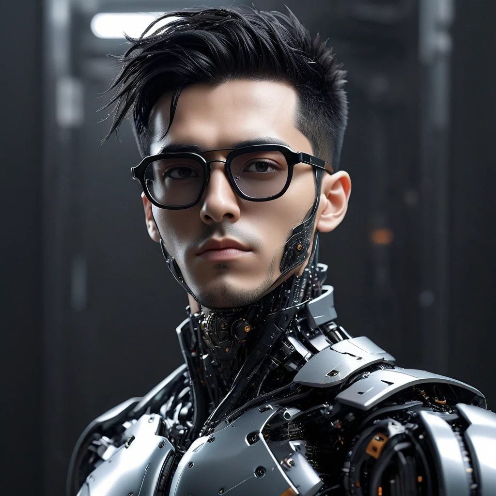 Male robot body hair with black-rimmed glasses with undercut hair, Look to the camera ::futuristic cyberpunk style ,realistic styling ::n_digital painting style, robotic parts, face perfect::seed 1、Black Edged Hair、large nose、Black-based clothing, photo by full body, White background