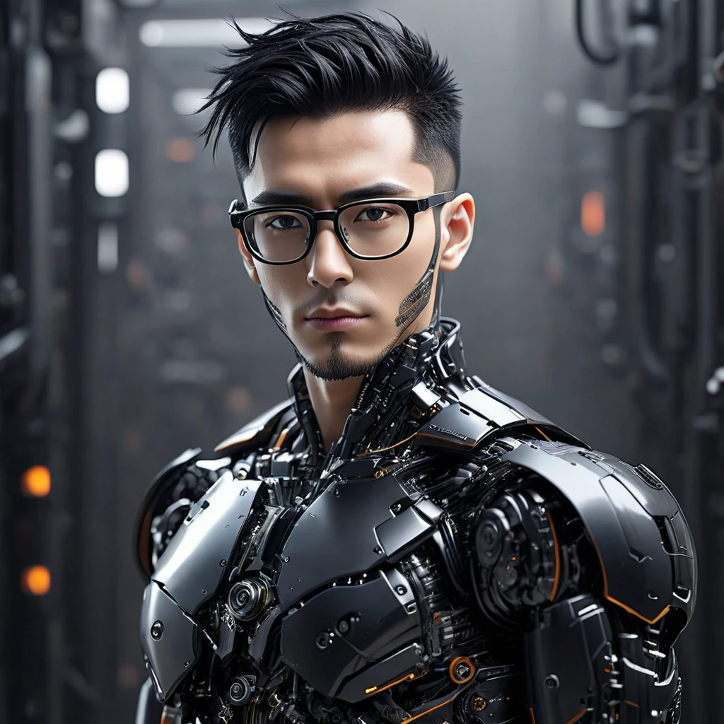 Male robot body hair with black-rimmed glasses with undercut hair, Look to the camera ::futuristic cyberpunk style ,realistic styling ::n_digital painting style, robotic parts, face perfect::seed 1、Black Edged Hair、large nose、Black-based clothing, photo by full body, White background