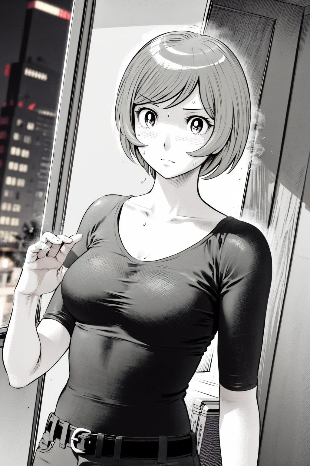 、(masterpiece、Highest quality)、Highest quality, Ultra-high resolution, (((masterpiece))), alone, Sweat、Big eyes,Tight black shirt、Tight white pants、belt、indoor、Composition from the front、(Cut the back hair short、short hair、blonde、woman)、Shortcuts、Embarrassed face、Cut your hair short、可愛いwomanの子、Big Breasts、office