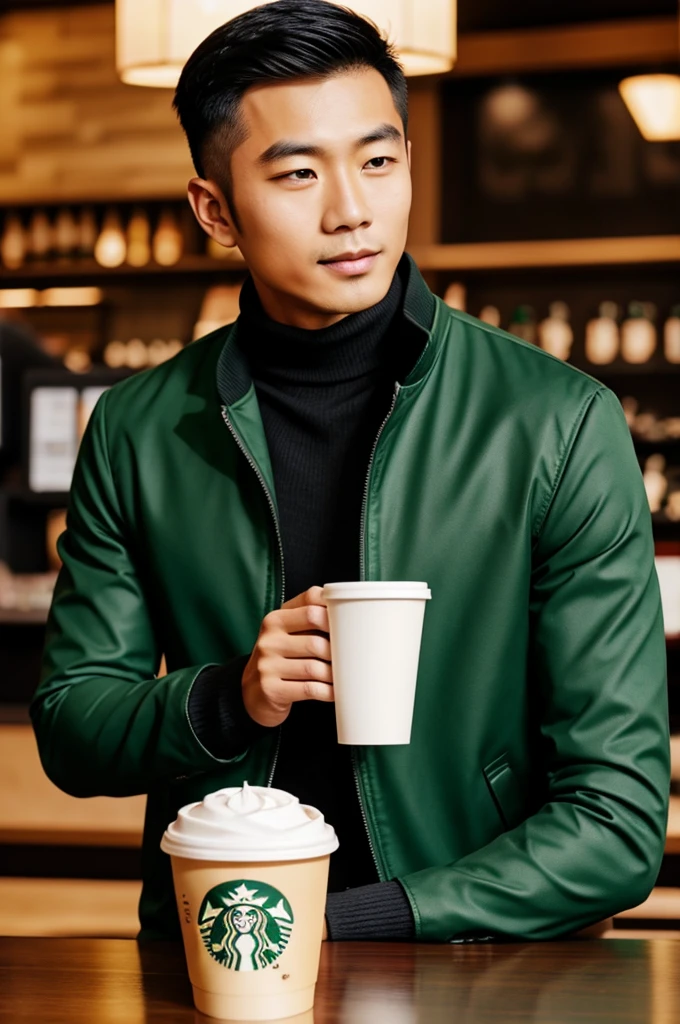 Asian guy turtle neck jacket dating in Starbucks