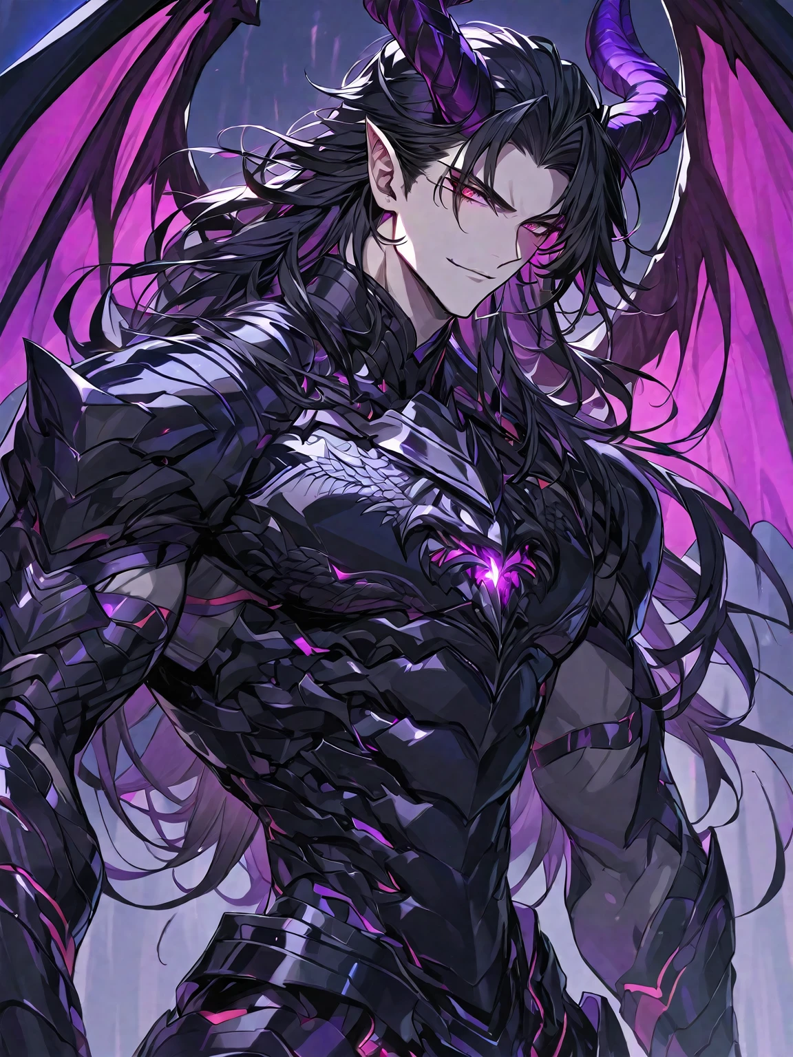 One, handsome, 1 man, with a sporty body, V-shaped body, black detailed armour with glowing purple details, black demon horns, black dragon wings long hair, black hair, purple with red reptile eye tones, purple threads, black light