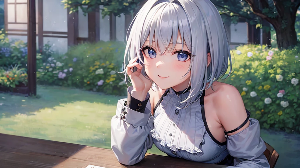 Ultra HD,Look at the viewers, Put your hands behind your back, With a girl, 20-year-old, 非常にShort Hair, Long bangs between the eyes, Pale blue eyes,  Very detailed,(masterpiece、Highest quality),Gray Hair、Laughter、Fantastic, Silver Hair, Iris,  Short hair、 Fluttering Hair、Small Face、明るいsmile、(Detailed face) ,Professional Lighting,Wonderful landscape,blue sky, sunlight,Looking down from above,Portraiture、Open your mouth、Flower Field、Her eyes were shining、Mysterious and enchanting atmosphere。With AI Painting、とてもShort Hair, Long bangs between the eyes, Very detailed,(masterpiece、Highest quality)、alone、Gray Hair、Fantasy, Silver Hair, Fantasyな風景、smile、Open your mouth、short hair、Short Hair、hairpin、black eye、Grey Eyes、Beautiful Eyes、White shirt、Jacket、I can see the neck、The clavicle is visible