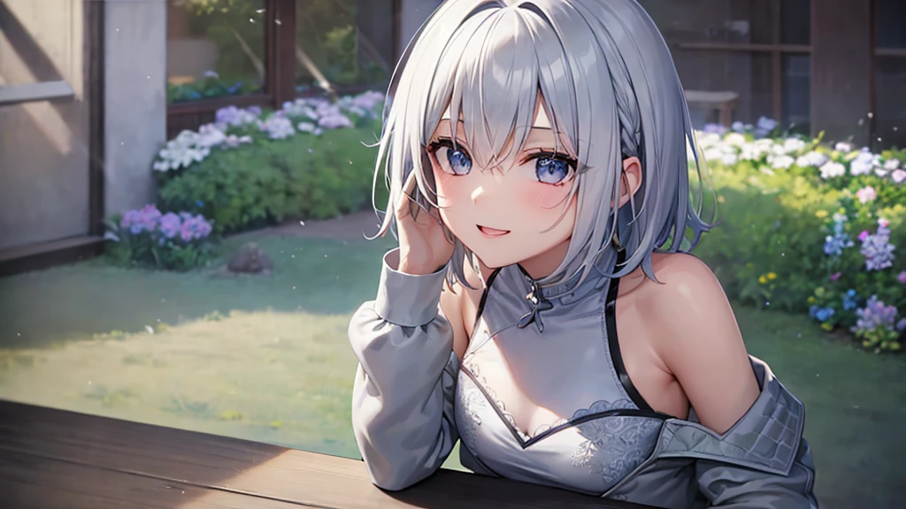 Ultra HD,Look at the viewers, Put your hands behind your back, With a girl, 20-year-old, 非常にShort Hair, Long bangs between the eyes, Pale blue eyes, Very detailed,(masterpiece、Highest quality),Gray Hair、Laughter、Fantastic, Silver Hair, Iris, Short hair、 Fluttering Hair、Small Face、明るいsmile、(Detailed face) ,Professional Lighting,Wonderful landscape,blue sky, sunlight,Looking down from above,Portraiture、Open your mouth、Flower Field、Her eyes were shining、Mysterious and enchanting atmosphere。With AI Painting、とてもShort Hair, Long bangs between the eyes, Very detailed,(masterpiece、Highest quality)、alone、Gray Hair、Fantasy, Silver Hair, Fantasyな風景、smile、Open your mouth、short hair、Short Hair、hairpin、black eye、Grey Eyes、Beautiful Eyes、White shirt、Jacket、I can see the neck、The clavicle is visible