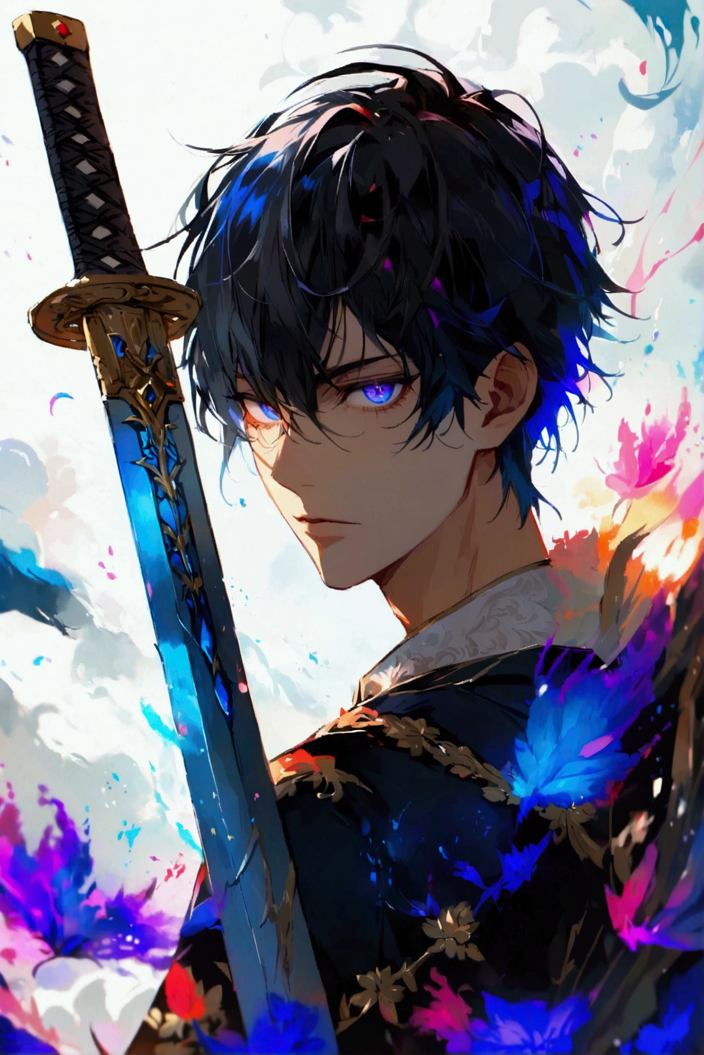A stunning animie male with Black hair. His eyes are practically covered with his hair. His eyes are two diffrent colors, one blue, one purple, standing, sword