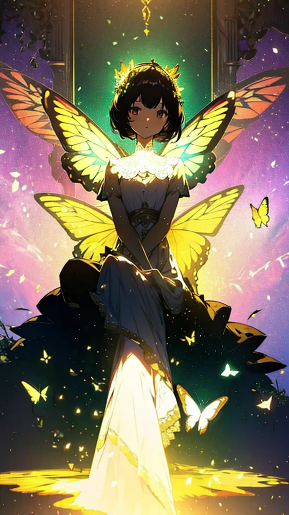 1 girl, dark brown hair, gold eyes, White skin, dressed in a white dress with lace and pleats, butterfly shaped fairy wings, majestic and elegant posture, whole body, sitting on a tree throne, green lights, flower crown on her head, soft smile, gentle.