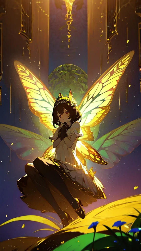 1 girl, dark brown hair, gold eyes, White skin, dressed in a white dress with lace and pleats, butterfly shaped fairy wings, majestic and elegant posture, whole body, sitting on a tree throne, green lights, flower crown on her head, soft smile, gentle.