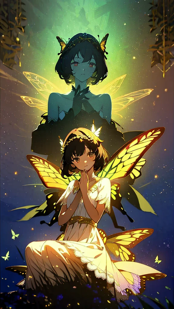 1 girl, dark brown hair, gold eyes, White skin, dressed in a white dress with lace and pleats, butterfly shaped fairy wings, majestic and elegant posture, whole body, sitting on a tree throne, green lights, flower crown on her head, soft smile, gentle.