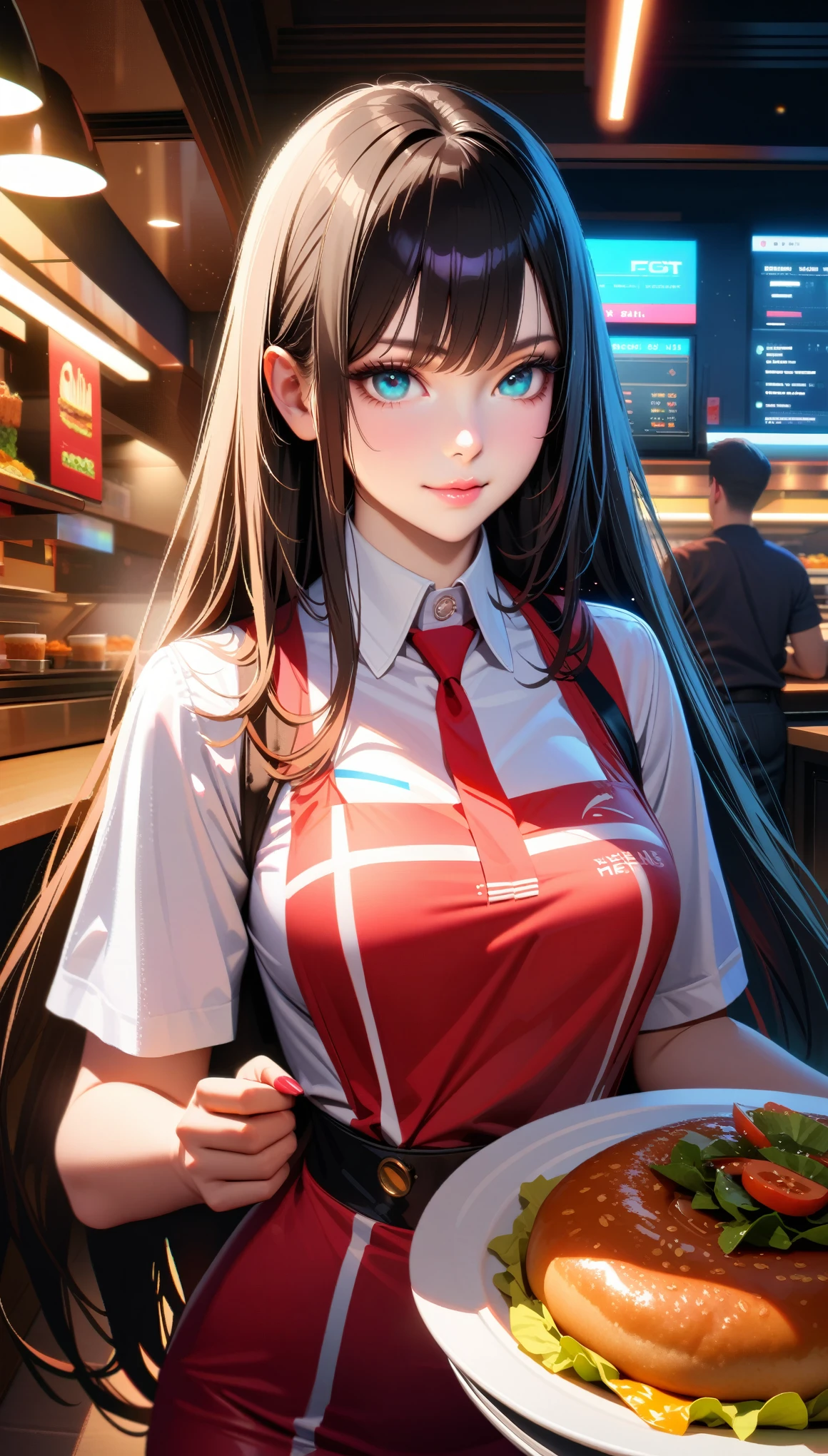 Masterpiece, Best Quality, Super Detailed, High Definition, Expensive Resolution, HDR, Masterpiece, Realistic, Depth, Fine Texture, Super Fine, Complete concentration, (very beautiful anime woman), perfect face, Fast Food girl, (full detail Fast Food employee uniform), (aqua eyes), light smile, pink lips, mascara, Long eyelashes, eyeliner, Carrying food ready to serve, narrow waist, straight hair, very long hair, gradient hair, shiny hair, Extremely detailed realistic clothing, (white and black colour schemes), In a fast food restaurant, charming, studio lighting, bright colors, intricate details, volumetric lighting, iridescent colors, glowing lighting, atmospheric lighting, lens flare, Cinematic light, colorful light, particles, medium shot