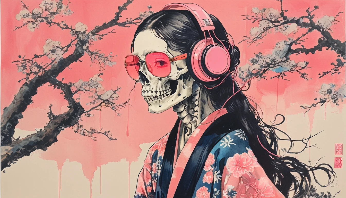 A female skeleton with long hair wearing a neon kimono, Light pink lens sunglasses, Katsushika Hokusai, Ink Painting, Japanese style headphones, Break dance, Modern ukiyo-e style