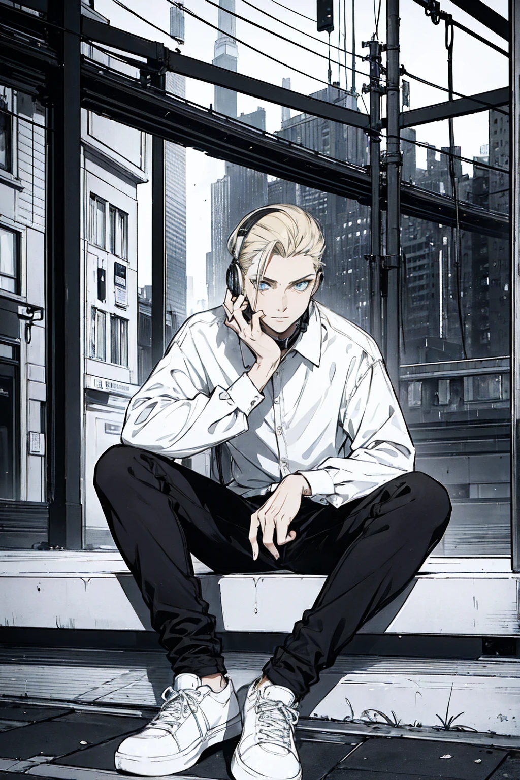 One person, Tall, tannish, handsome male, fit and lean, golden eyes, slicked back blonde hair, light stubble, wearing white and black checkered long sleeve shirt, wearing baggy jeans, white and black high tops, and lazy expression, sitting alone in the dusk of night with headphones on, raining.