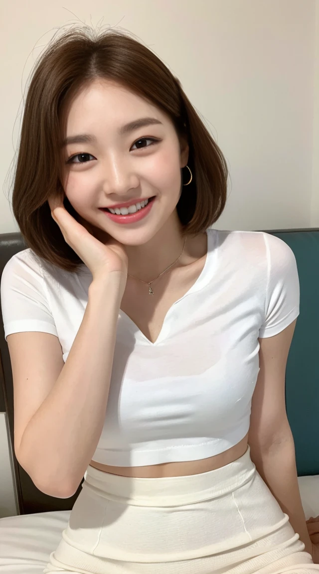 White tight shirt、White tight skinny mini skirt、bed、smile、Short sleeve、high resolution、Korean idol face、double eyelid、White teeth、Medium Hair