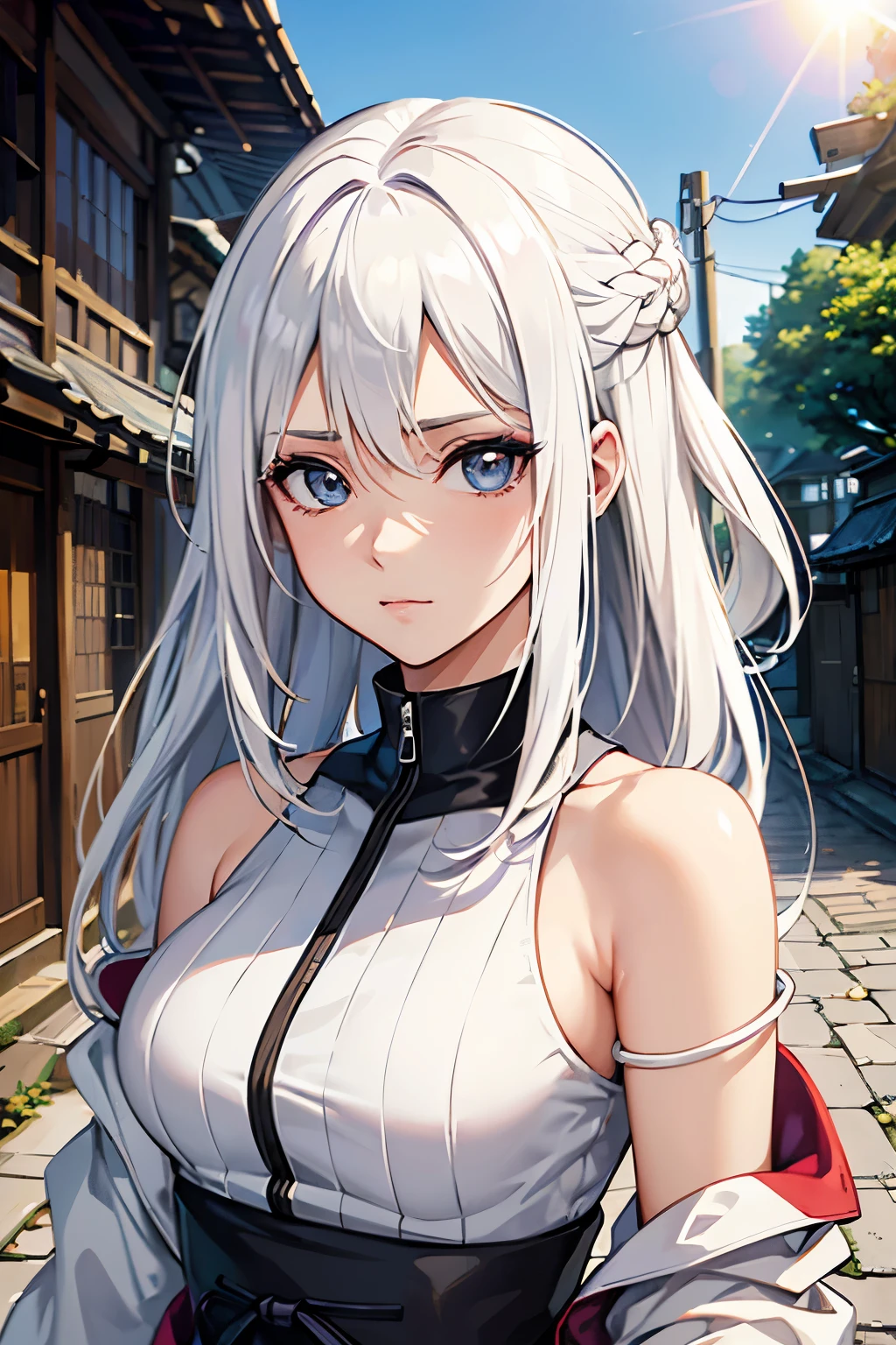 (high-quality, breathtaking),(expressive eyes, perfect face) portrait, Symmetrical Eyes, 1girl, solo, white hair, white coloured eyes, anime naruto art style, medium length hair, fluffy hair, feminine face, sky, sun, konohavillage, alleyway, naruto background, trees, hyuga, Ōtsutsuki, naruto ninja attire, neutral expression, soft smile, purple and black clothing, white trim, long sleeves, white dress, hair between eyes, bare shoulders, jacket
