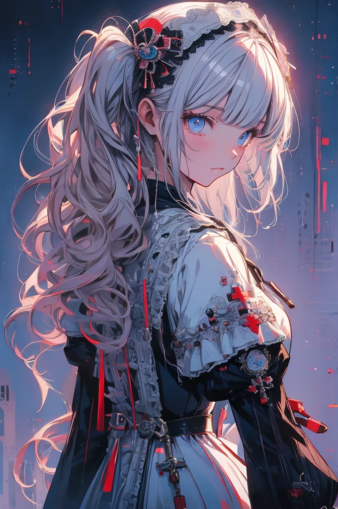 RAW Photos, Realistic, Ultra-realistic, cute nurse character, Charming girl, long twin tails hairstyle, white gothloli outfit, Victorian and Rococo elements, medical syringes, IV drip bags, detailed accessories, soft pastel tones, whimsical medical setting, intricate dress design, delicate features, elegant and fantasy theme, highly detailed full body illustration. art by Ilya Kuvshinov and Sakizou and HACCAN., detailed line art, fantasy, spooky illustration, art illustration, Highest quality, masterpiece, Ultra-high resolution, 8K