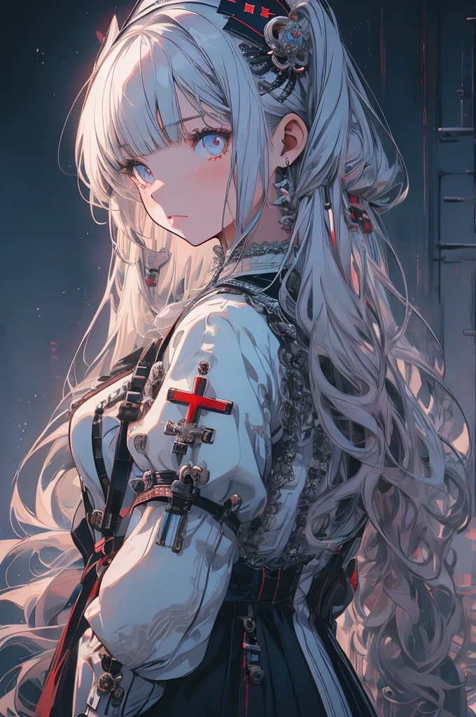 RAW Photos, Realistic, Ultra-realistic, cute nurse character, Charming girl, long twin tails hairstyle, white gothloli outfit, Victorian and Rococo elements, medical syringes, IV drip bags, detailed accessories, soft pastel tones, whimsical medical setting, intricate dress design, delicate features, elegant and fantasy theme, highly detailed full body illustration. art by Ilya Kuvshinov and Sakizou and HACCAN., detailed line art, fantasy, spooky illustration, art illustration, Highest quality, masterpiece, Ultra-high resolution, 8K
