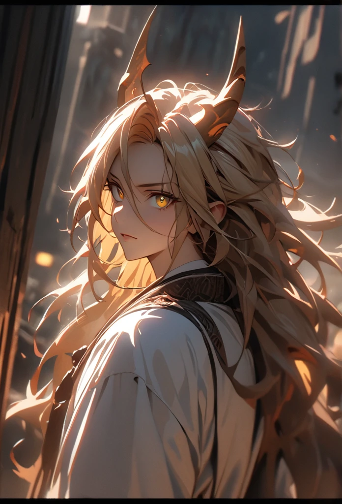 (solo), masculine, yellow hair, messy hair, mane hair, long hair, dense hair, wild hair, expressive hair, mature,(25 year old), pale skin, yellow eyes, ((man)), wearing a long white chinese robe, serious, ((Yellow dragon horns)), handsome, attractive, eye reflection, depth of field, thunder aura,cinematic lighting, ray tracing, depth of field, cinematic lighting, ray tracing, UHD, high details, best quality, highres, high quality, award winning, super detail, masterpiece, 8k, UHD, high details, best quality, highres, high quality, award winning, super detail, masterpiece, 8k, digital art, anime coloring, body shot, good face, perfect face, detailed face, good eyes, facing foward