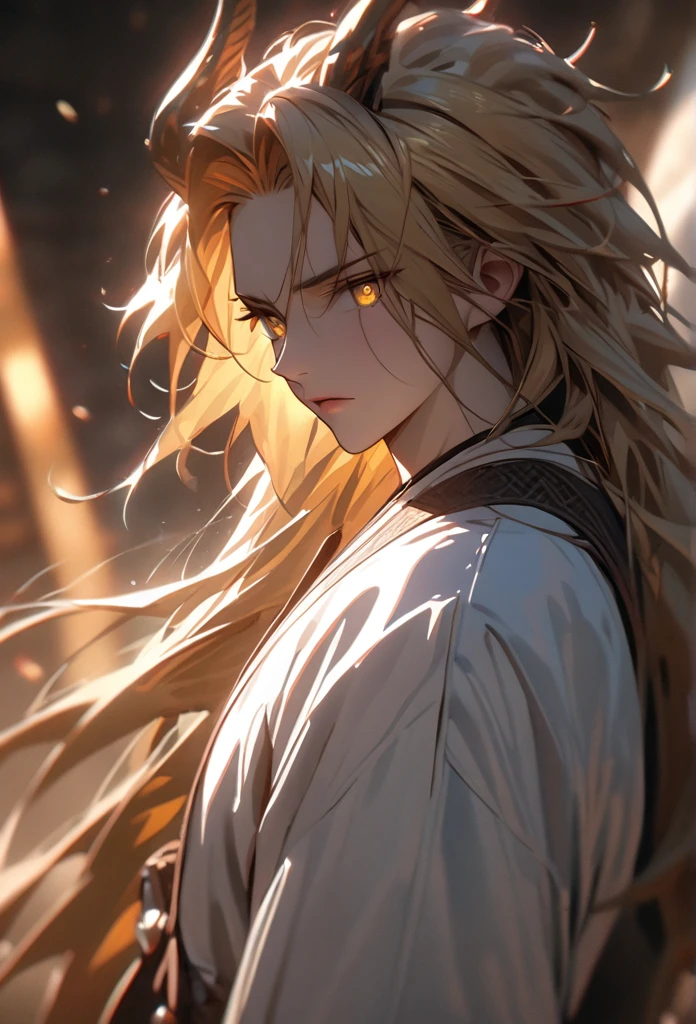 (solo), masculine, yellow hair, messy hair, mane hair, long hair, dense hair, wild hair, expressive hair, mature,(25 year old), pale skin, yellow eyes, ((man)), wearing a long white chinese robe, serious, ((Yellow dragon horns)), handsome, attractive, eye reflection, depth of field, thunder aura,cinematic lighting, ray tracing, depth of field, cinematic lighting, ray tracing, UHD, high details, best quality, highres, high quality, award winning, super detail, masterpiece, 8k, UHD, high details, best quality, highres, high quality, award winning, super detail, masterpiece, 8k, digital art, anime coloring, body shot, good face, perfect face, detailed face, good eyes, facing foward