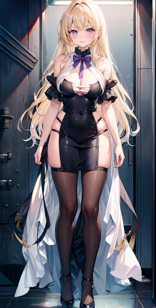 girl,Large Breasts,long hair,Topless,Bow,Blonde hair, Purple Eyes,