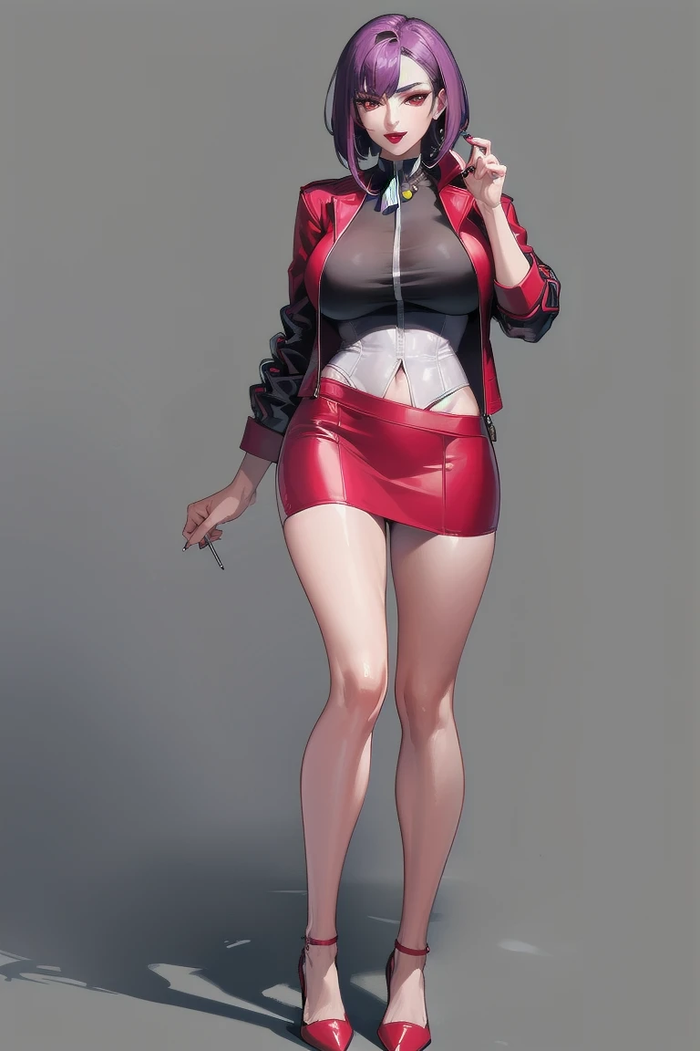 ((Highest quality)), ((masterpiece)), (Familiar), Hazy, One Woman, Mature Woman,Purple Hair, short hair, eye shadow, Low Ponytail, lipstick, Detailed face, Red eyes,Large Breasts, Red and black jacket, White tight skirt,Red High Heels