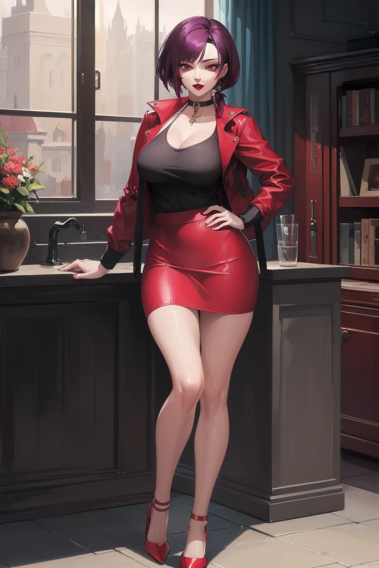 ((Highest quality)), ((masterpiece)), (Familiar), Hazy, One Woman, Mature Woman,Purple Hair, short hair, eye shadow, Low Ponytail, lipstick, Detailed face, Red eyes,Large , Red and black jacket, White tight skirt,Red High Heels