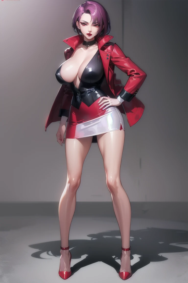 ((Highest quality)), ((masterpiece)), (Familiar), Hazy, One Woman, Mature Woman,Purple Hair, short hair, eye shadow, Low Ponytail, lipstick, Detailed face, Red eyes,Large , Red and black jacket, White tight skirt,Red High Heels