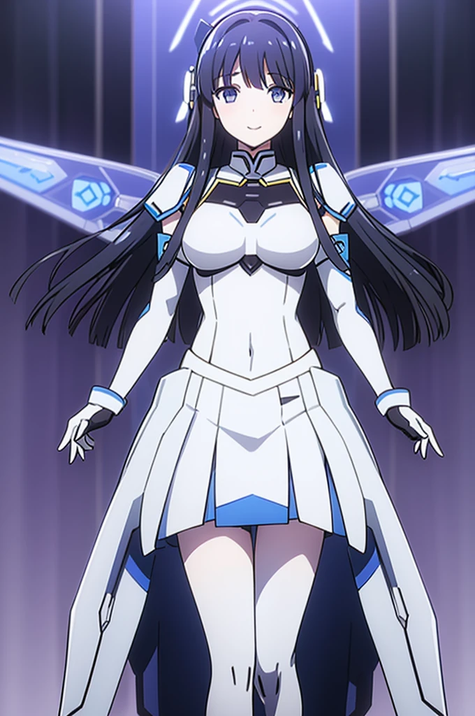 Mecha Wings、White and blue skirt、Accentuated thighs、White tights、chest、Beautiful black hair、1 girl、solo girl、Thick thighs、is、Frame Arms Girl、Alice Gere Aegis、White Armor、Blue and purple lines、income、headphone、hand on own chest、smile、idol costume、Shiba Miyuki