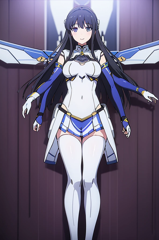 Mecha Wings、White and blue skirt、Accentuated thighs、White tights、chest、Beautiful black hair、1 girl、solo girl、Thick thighs、is、Frame Arms Girl、Alice Gere Aegis、White Armor、Blue and purple lines、income、headphone、hand on own chest、smile、idol costume、Shiba Miyuki