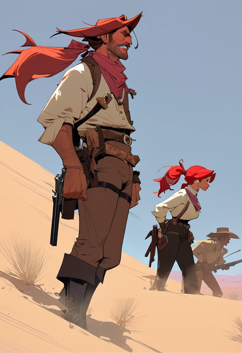 score_9, score_8_up, score_7_up, score_6_up, score_5_up, score_4_up, 1man, Western, Desert, Dark night, Horizon, far away, Wild West, red dead Redemption, cartoon art style, Red hair with two strands popping out at the front, Ponytail, Big Mustache, solo, male, Revolver 