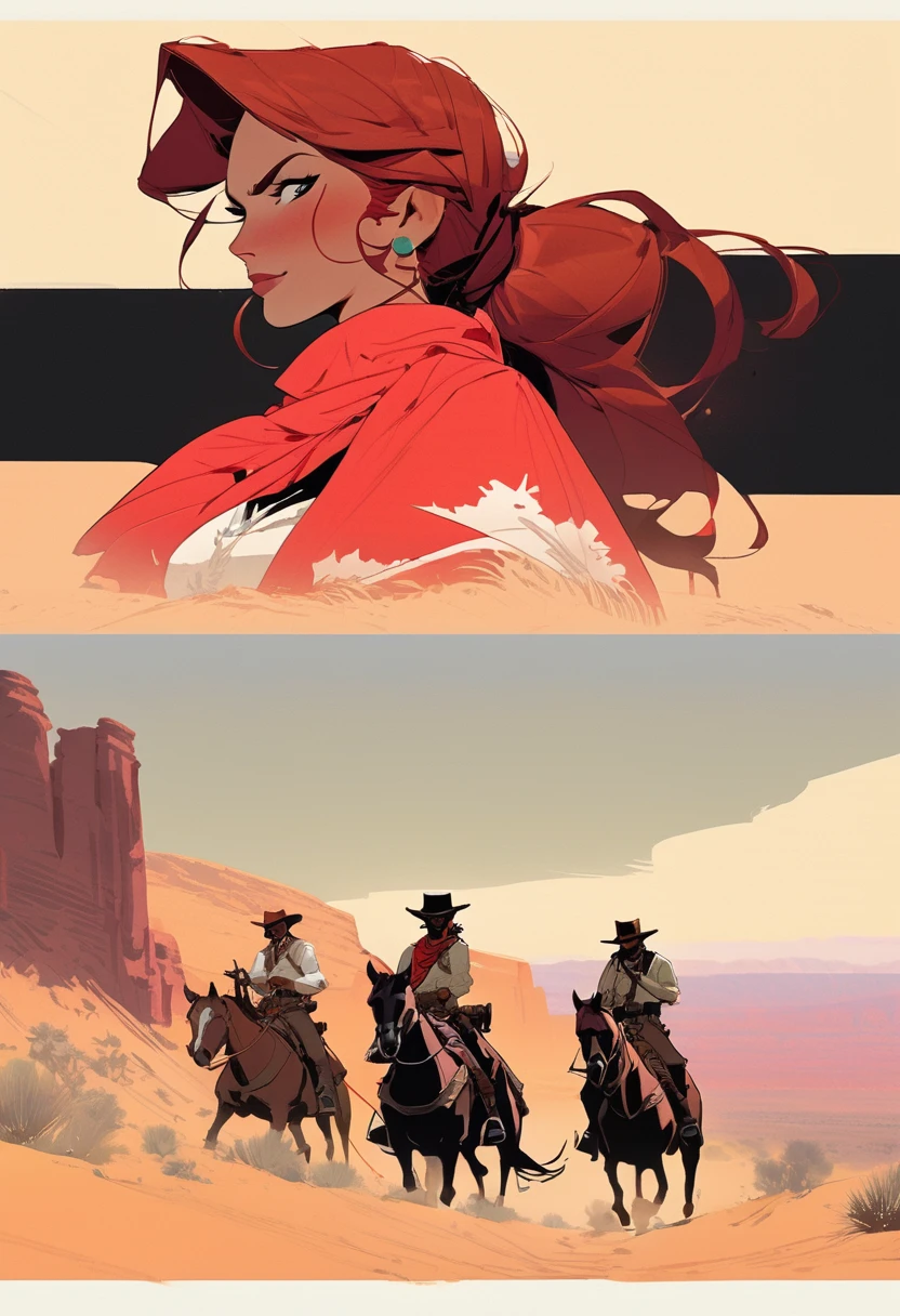 score_9, score_8_up, score_7_up, score_6_up, score_5_up, score_4_up, 1man, Western, Desert, Dark night, Horizon, far away, Wild West, red dead Redemption, cartoon art style, Red hair with two strands popping out at the front, Ponytail, Big Mustache, solo, male, Revolver