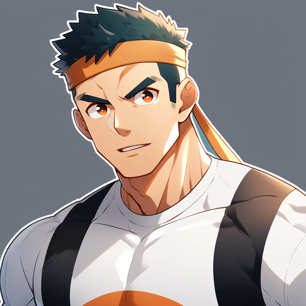 anime characters:Gyee, Muscle Sports Student, Manliness, sports headband, male focus, Cute boy with big eyes, Mike WHite high collar long sleeve tight T-shirt, Slightly transparent material, Very tight, Round, full and perky chest muscles, Slightly transparent, muscular male, muscular, only, Upper body, alone, Black short hair, Thick eyebrows, stubble, Cute little eyes, Brown-red pupils, Grey background, simple background, amazing quality, best aesthetics, Ridiculous, crew cut, parted lips, v-shaped eyebrows, jitome, best quality