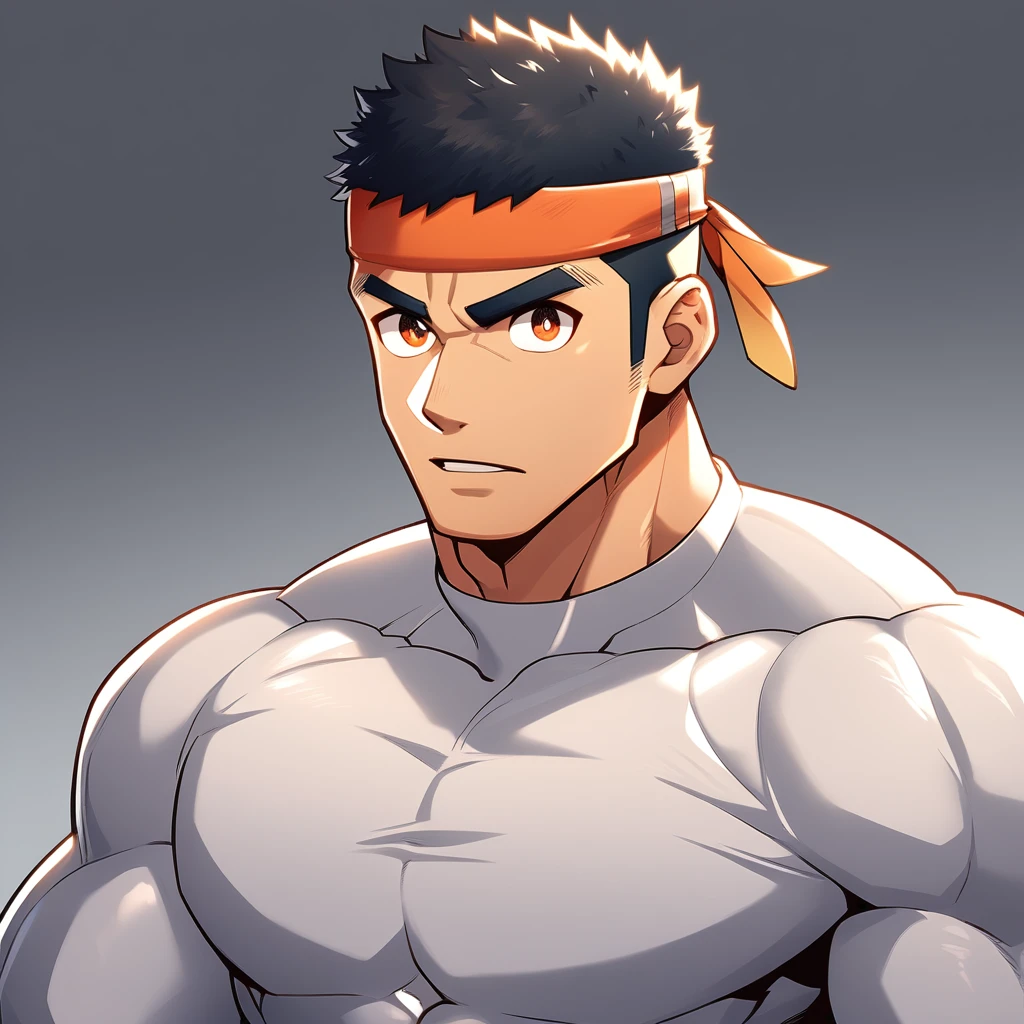 anime characters:Gyee, Muscle Sports Student, Manliness, sports headband, male focus, Cute boy with big eyes, Mike WHite high collar long sleeve tight T-shirt, Slightly transparent material, Very tight, Round, full and perky chest muscles, Slightly transparent, muscular male, muscular, only, Upper body, alone, Black short hair, Thick eyebrows, stubble, Cute little eyes, Brown-red pupils, Grey background, simple background, amazing quality, best aesthetics, Ridiculous, crew cut, parted lips, v-shaped eyebrows, jitome, best quality