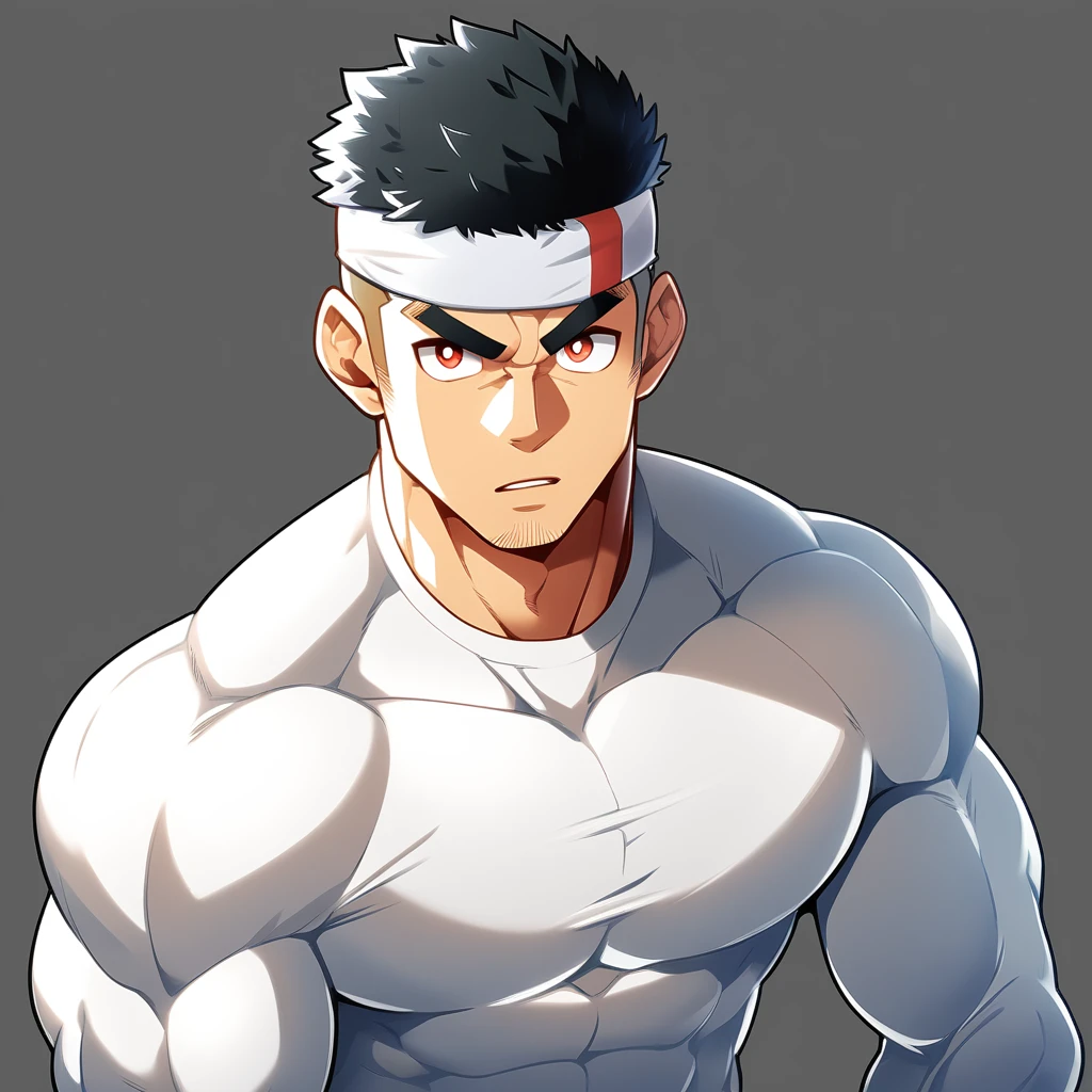 anime characters:Gyee, Muscle Sports Student, Manliness, sports headband, male focus, Cute boy with big eyes, Mike WHite high collar long sleeve tight T-shirt, Slightly transparent material, Very tight, Round, full and perky chest muscles, Slightly transparent, muscular male, muscular, only, Upper body, alone, Black short hair, Thick eyebrows, stubble, Cute little eyes, Brown-red pupils, Grey background, simple background, amazing quality, best aesthetics, Ridiculous, crew cut, parted lips, v-shaped eyebrows, jitome, best quality