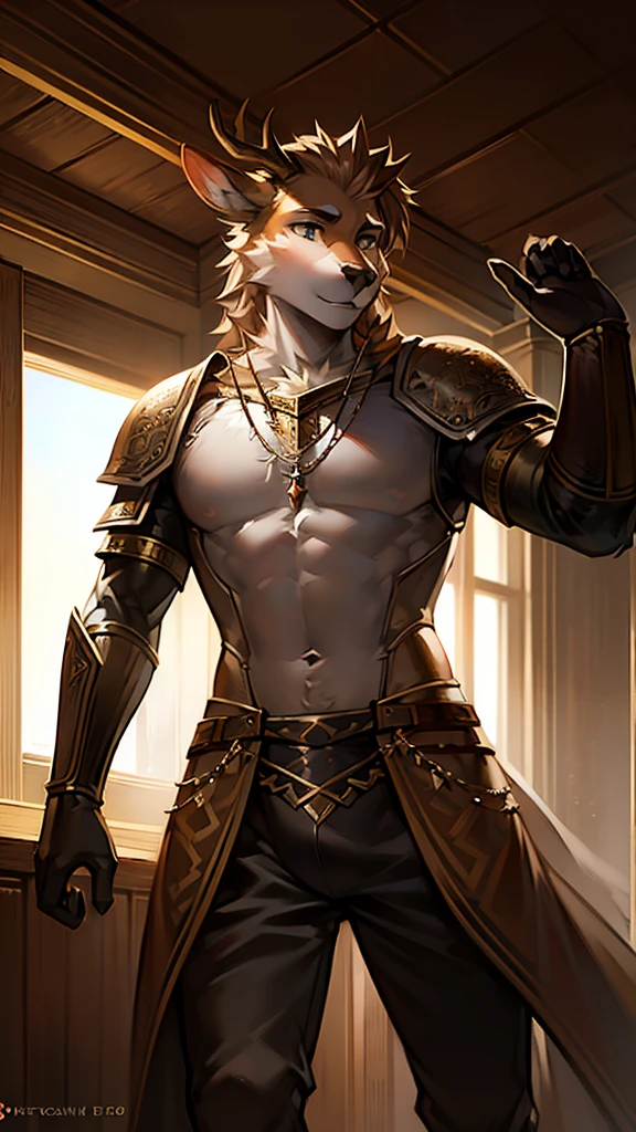 a tall handsome deer wearing knight armor, attractive furry male, giving bedroom eyes, large sun in the background, 8k, photorealistic, ultra-detailed, dramatic lighting, dynamic pose, fantasy art, warm colors, cinematic