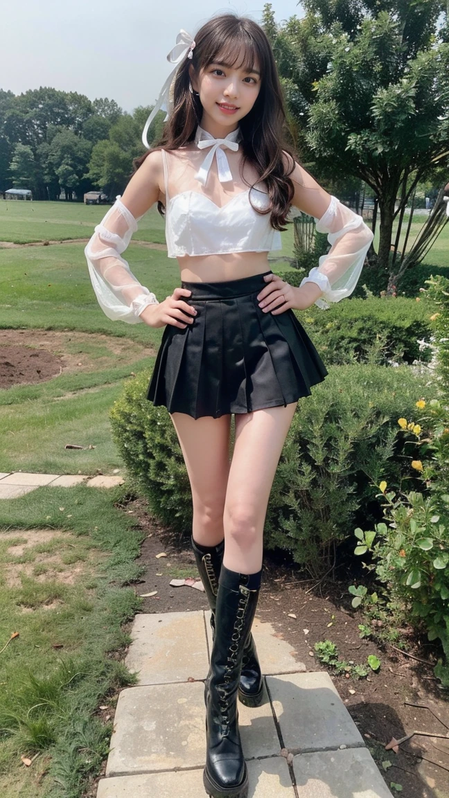 (8K、RAW Photos、Highest quality、masterpiece:1.2)、(Highest quality、Realistic)、1 Girl、((Tube top、mini skirt、Idol Costume、ribbon、Medium Hair、See-through、smile、Silver and Black、Thin legs、whole body、boots、garden、View from the front、Looking into the camera、Stand with hands on hips))、cute