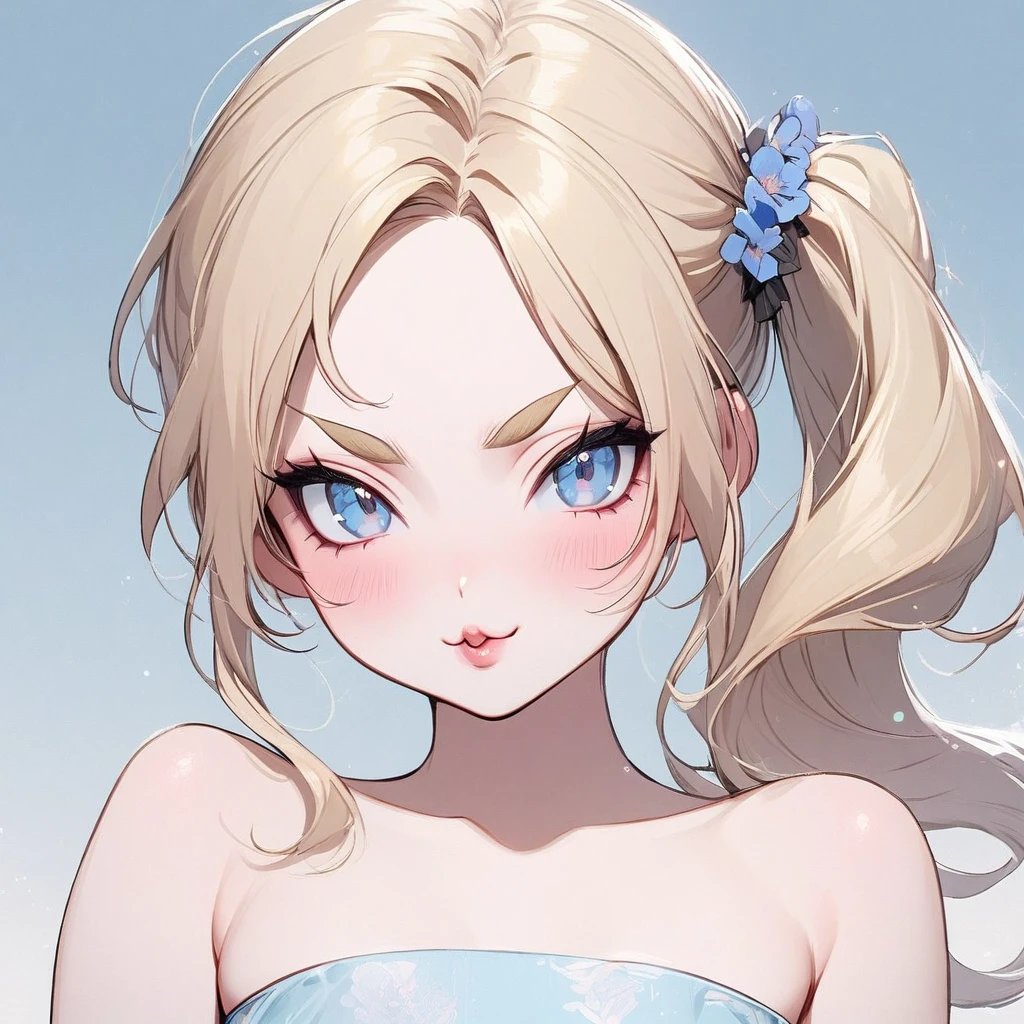 Beautiful girl, light blonde hair, pale blue eyes, rosy cheeks, lipgloss, solo, smiling, ethereal, sassy, cheeky, attitude, bright, pink strapless crop top, very light brows, pouty lips, doll-like, high side ponytail, blonde eyebrows